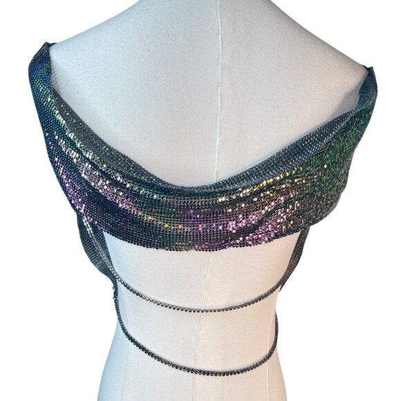 2/$30 Nwt XS Iridescent Purple Sequin Metallic Crop Top Chain Details Open Back - Picture 5 of 8